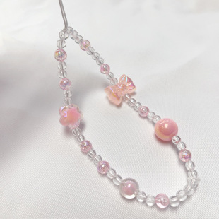 New transparent pink bow mobile phone lanyard colorful flower beads mobile phone digital pendant key Universal