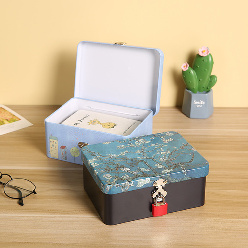 Retro tinplate box with lock key desktop storage box cosmetics document storage household jewelry empty box