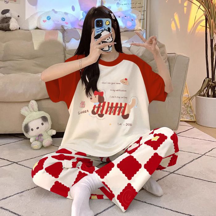 Pijamas al por mayor transfronterizos para mujer verano nuevos pantalones de manga corta sueltos que se pueden usar al aire libre dibujos animados lindo traje de servicio a domicilio imitación algodón