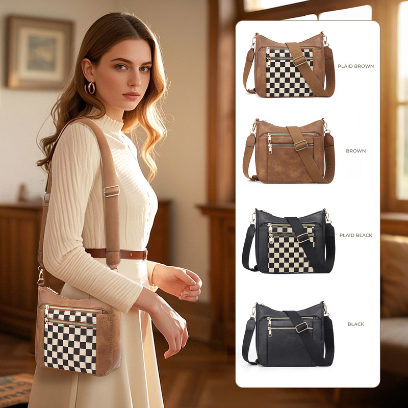 In-Stock Cross-Border Vintage Women's Checkered Plaid Single Shoulder Crossbody Bag with Multiple Zipper Pockets, Casual Versatile Shoulder Strap for Women In-Stock Cross-Border Vintage Women's Checkered Plaid Single Shoulder Crossbody Bag with Multiple Zipper Pockets, Casual Versatile Shoulder Strap for Women