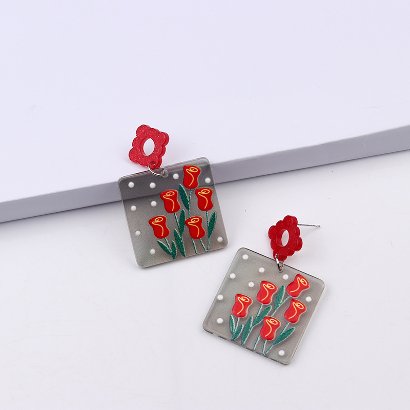 18g Weight Drop Earrings Classification 1 Pair Quantity Daily Occasion Acrylic Material Flower Pattern Women'S Gender Stoving Varnish Design Retro Style 1 Pair Retro Flower Stoving Varnish Arylic Drop Earrings 9