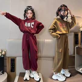 女童潮服2024新款早春洋气时髦中大童套装卫衣运动风工装裤两件套