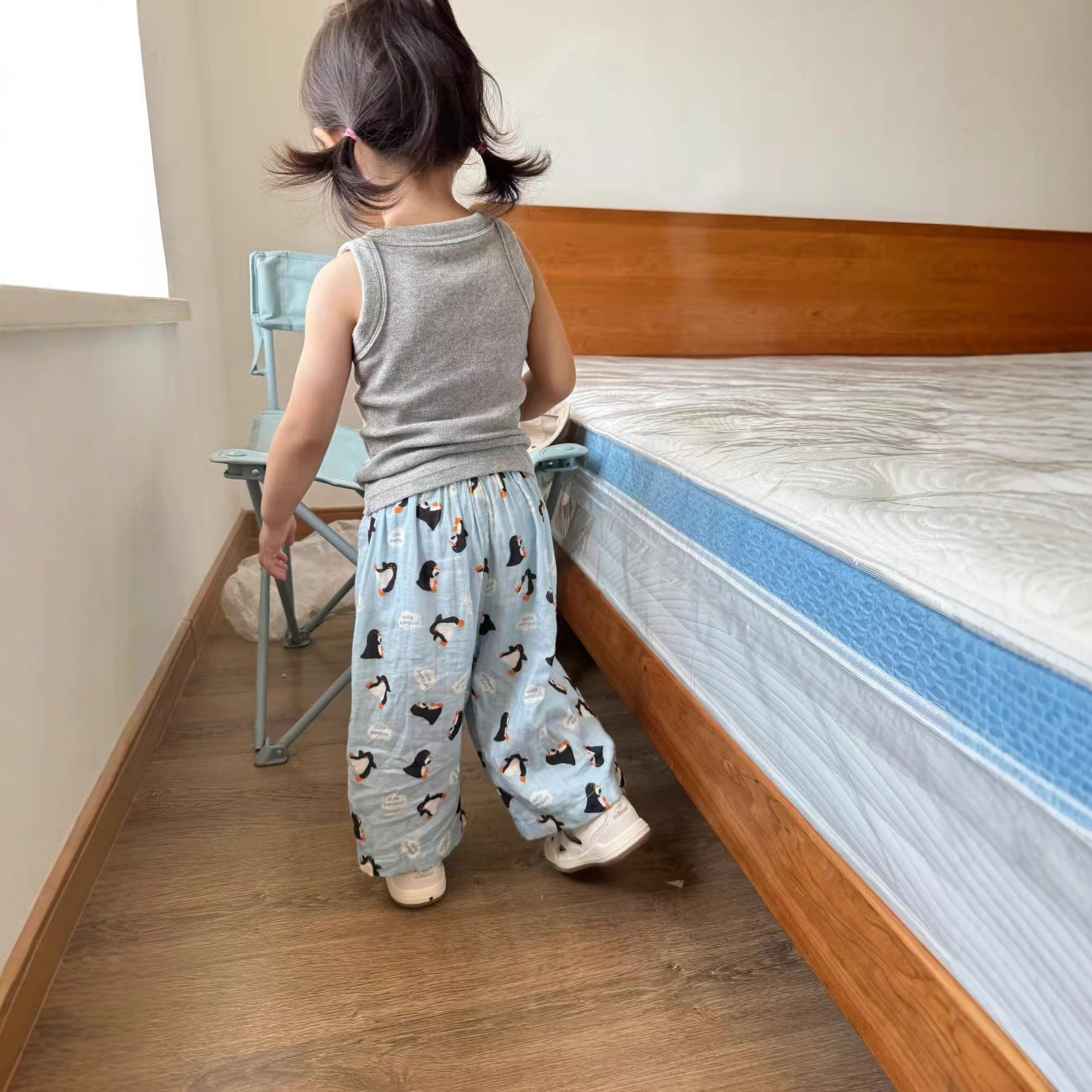 New~Little Penguin Children's Wide Leg Pajamas Class a Pure Cotton Double Layer Yarn Spring and Summer Cute Cartoon Casual