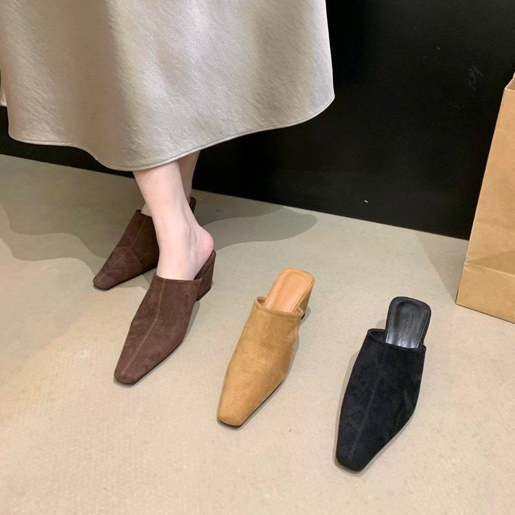 Retro brown high-heeled square-toe slip-on mules for women, 2026 spring/autumn new style
