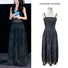 小众设计黑色透视蕾丝拼接吊带长款连衣裙子女2024夏季