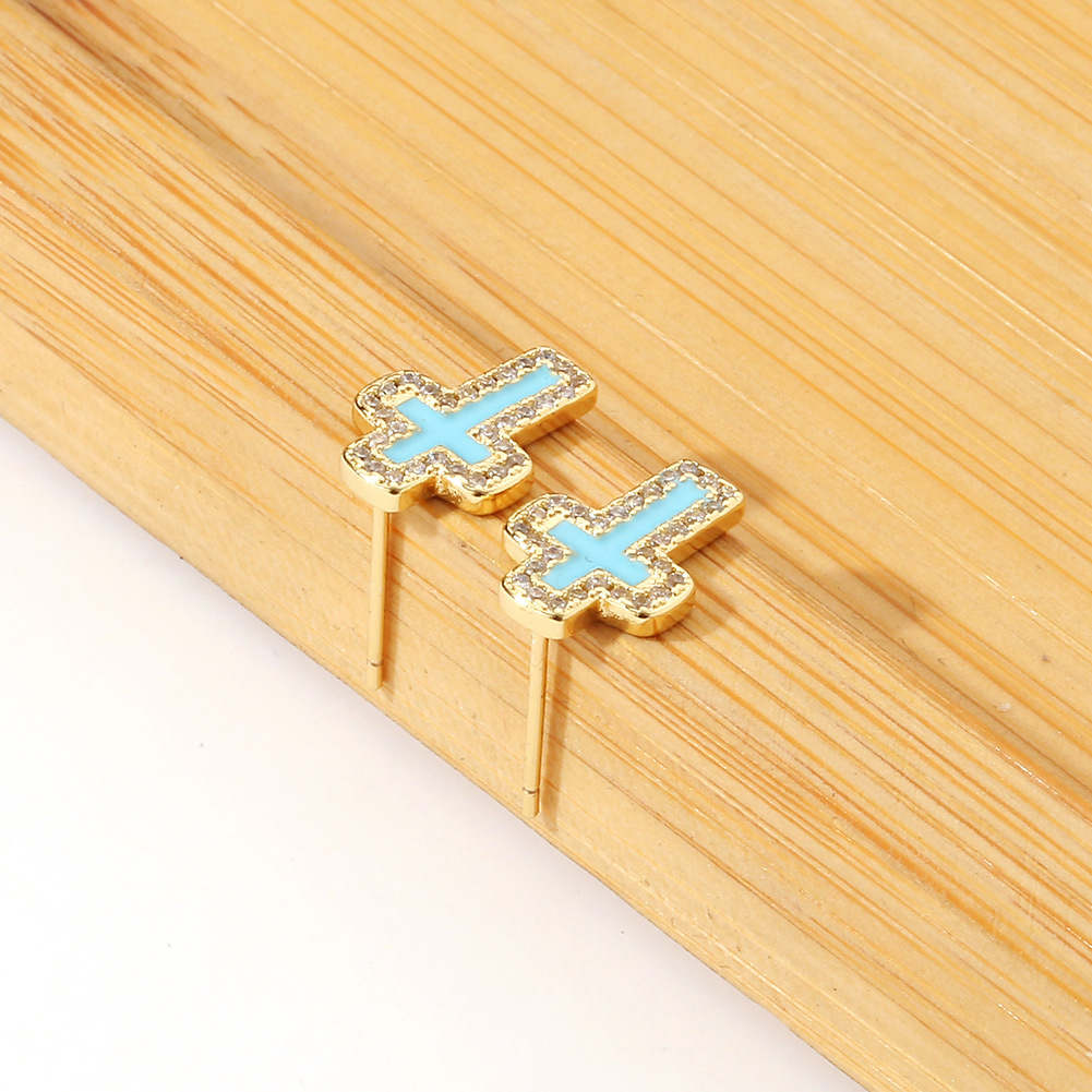 new cross drip oil copper inlaid zircon earrings