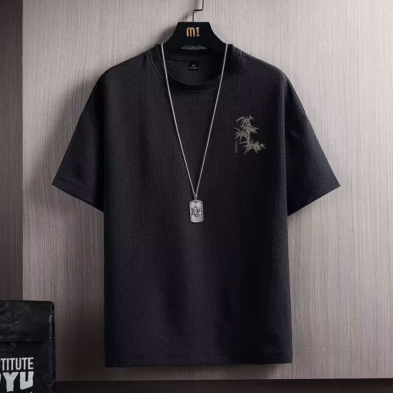 新しいプリントアイスシルク半袖Tシャツメンズ夏ラウンドネックトレンディな薄い半袖Tシャツボトリングシャツトップ服|undefined