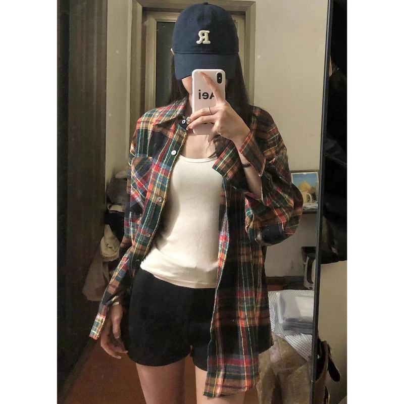 森系橘色格纹衬衫女叠穿年轻ins宽松遮肉显瘦长袖衬衣外搭开衫潮|undefined