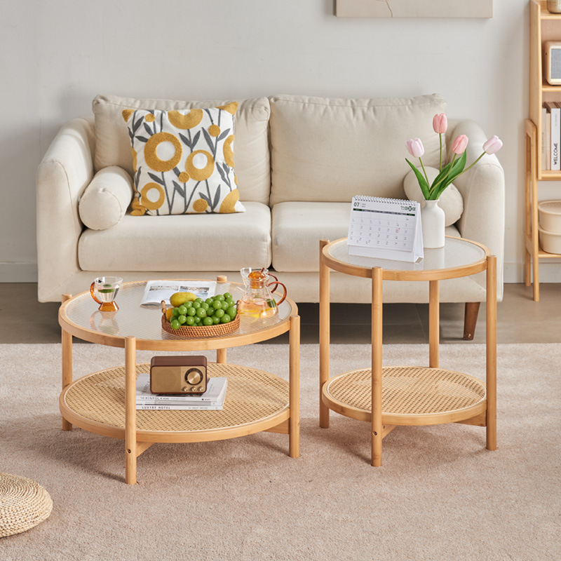Mesa de centro de vidrio de ratán de madera maciza redonda de estilo japonés, sala de estar, hogar, apartamento pequeño, sofá minimalista moderno, mesa de té pequeña