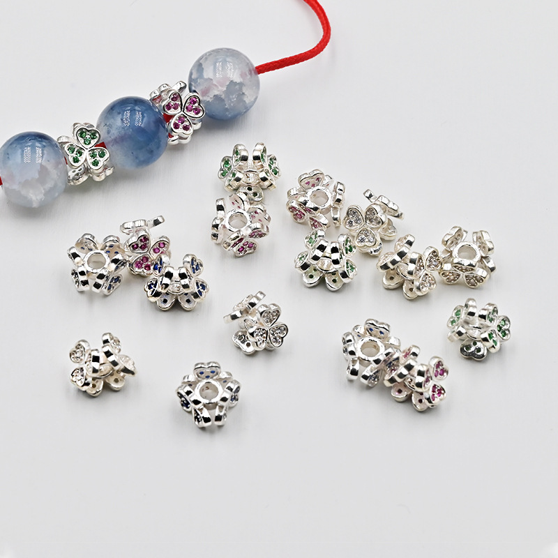 s925純銀配飾鑲嵌鋯石心形三葉草轉運珠隔珠diy珍珠手鍊串珠配件