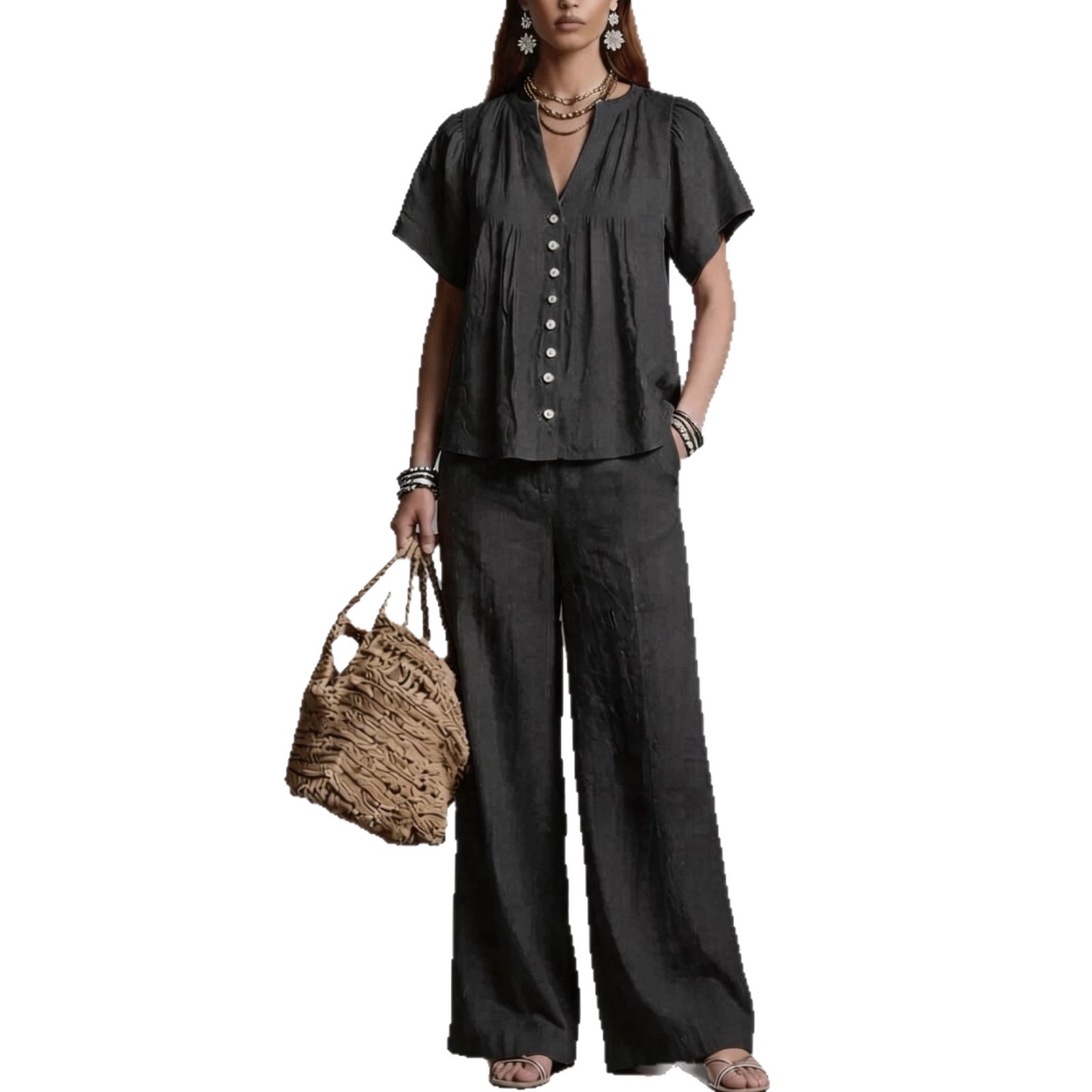Women's Clothing Women's Imitation Cotton Linen V Neck Casual Suit Beach Vacation Style For Formal & Casual For Women_ecoleips.com