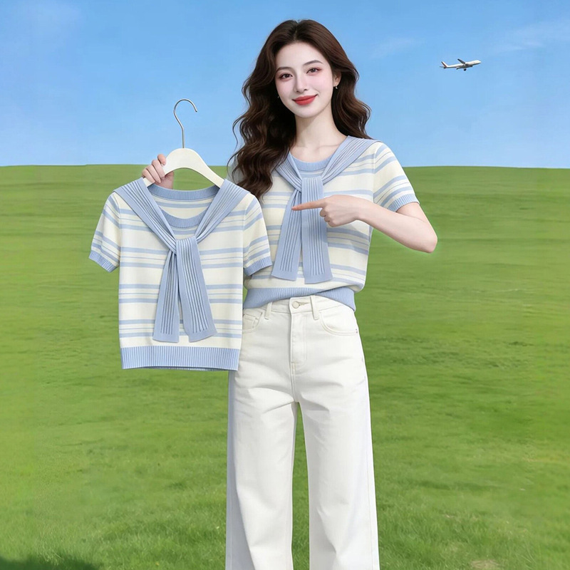 Light Blue and White Striped Shawl Collar Short-Sleeve Knit Sweater 2026 Summer Energetic Top for Women Light Blue Top
