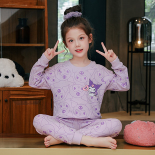 De Rong Children's Warm Pajamas Underwear suit Girls Autumn Clothes and Pants Autumn and Winter Long Sleeve Kouromi Girls Home Clothes
