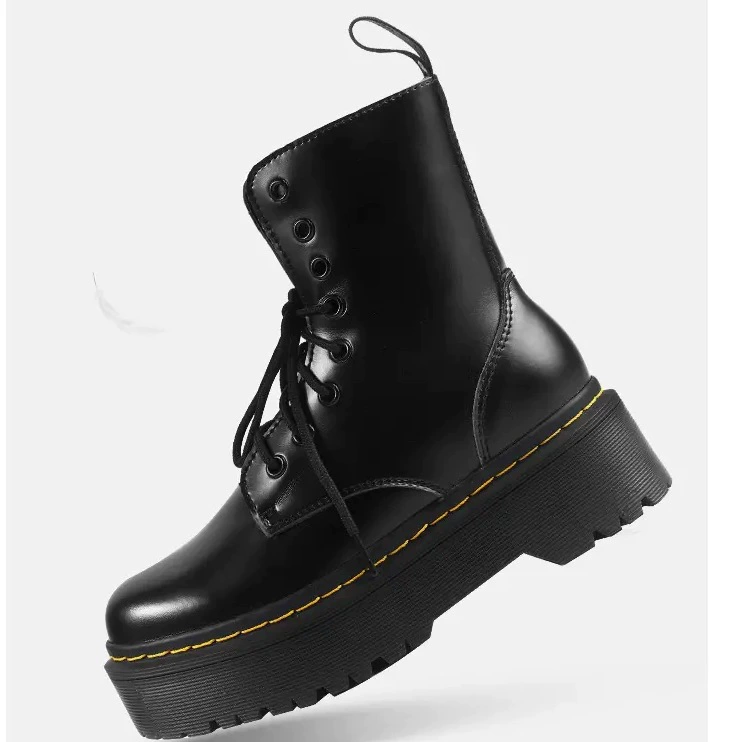 Трансграничные женские ботинки на платформе большого размера на толстой подошве из натуральной кожи до середины икры в европейском и американском британском стиле, двухслойные мотоциклетные ботинки из коровьей кожи на шнуровке