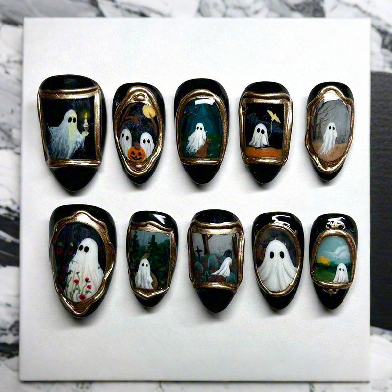 Vintage Gold-Plated Halloween Trendy Sweet Cool Ghost Style Nail Art Nails Simple Niche Black Wearable Nails in Stock Wholesale