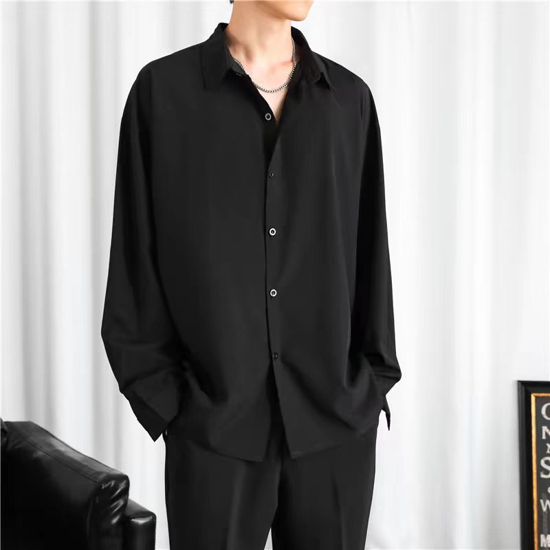 Ready-Made Black Shirt Men's Long-Sleeved Summer Loose High-End Drape Handsome Casual Ice Silk Black Shirt Men's Jacket