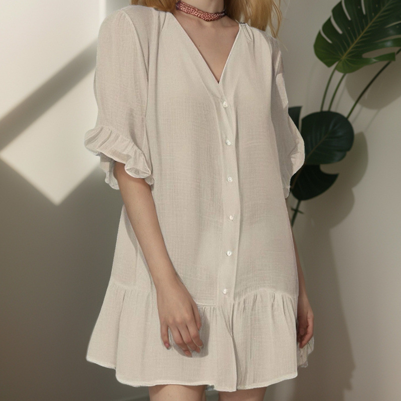 Large Quantities of Ready-Stock European and American Summer V-Neck Ruffled Dresses, Solid Color Beach Sun Protection Cover-Ups for Women