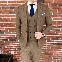 实体店新款男士修身色三件套西装男式英伦单粒扣休闲西服套装棉
