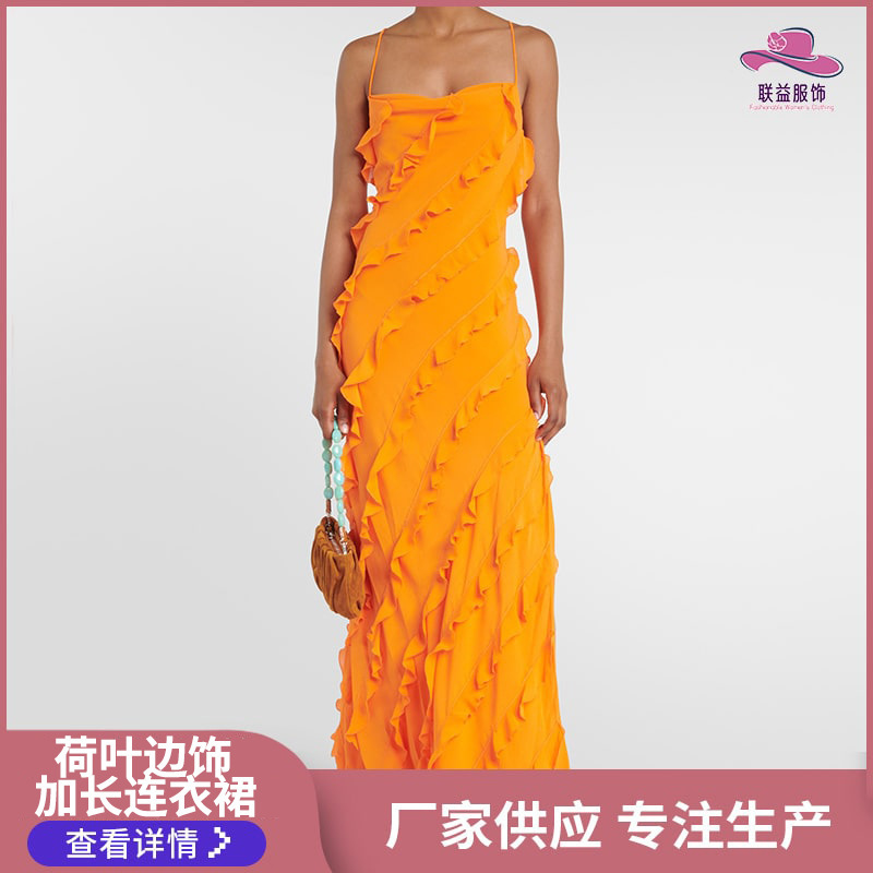 2024 New Ruffled Crepe Maxi Dress European and American Sexy Backless Spaghetti Strap Dress Hot Girl
