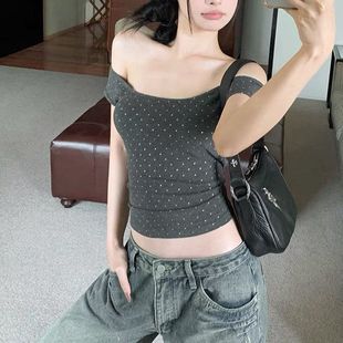 In-Stock Spicy Girl Off-Shoulder Polka Dot Short-Sleeve Slim T-Shirt for Women, Summer Spicy Girl Design Retro Short Off-Shoulder Top
