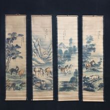 批发古玩收藏仿制徐悲鸿八骏图精品四条屏画手卷画仿古字画