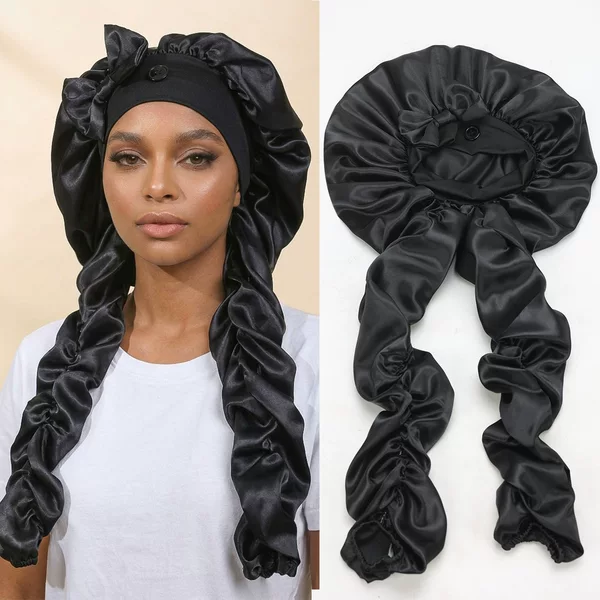 New Satin Curly Hair Sleep Cap, Popular in Europe and America, with Bow, for Women's Long Braided Hair