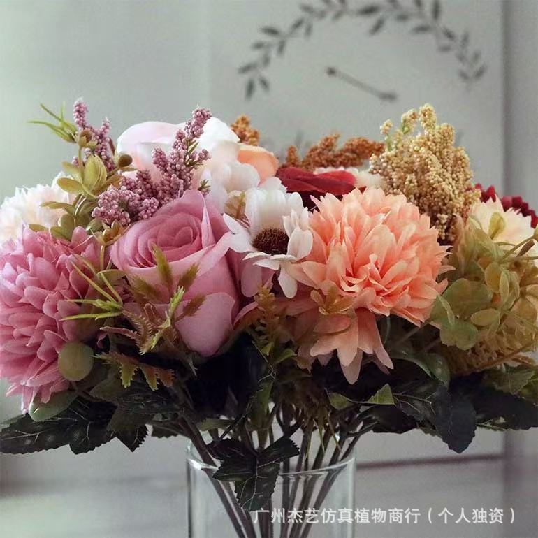模擬花束 7 フォーク秋色手持ちバラヨーロッパのロマンチックな花嫁の手持ち花リビングルームのディスプレイ|undefined