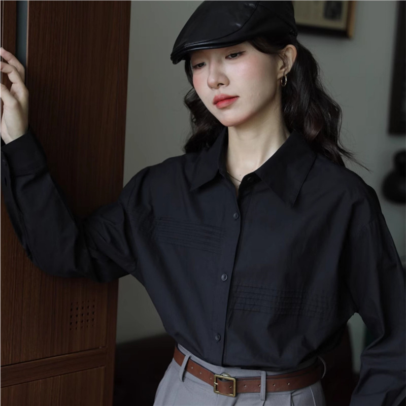 纯棉大码灰色春秋长袖衬衫女设计感压折通勤松弛感宽松外搭衣衬衣|undefined