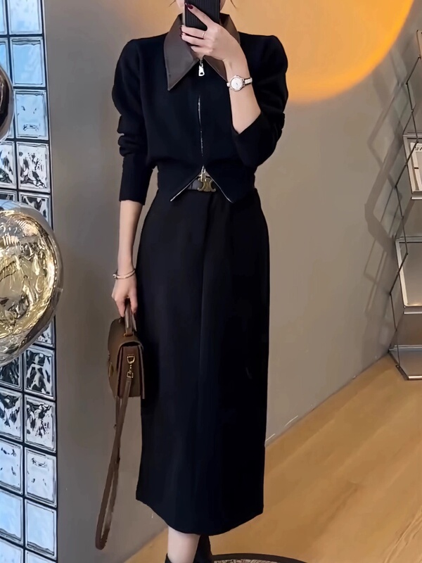 欧货小众拼皮双拉链翻领针织外套女秋冬时尚洋气短款软糯毛衣开衫|undefined