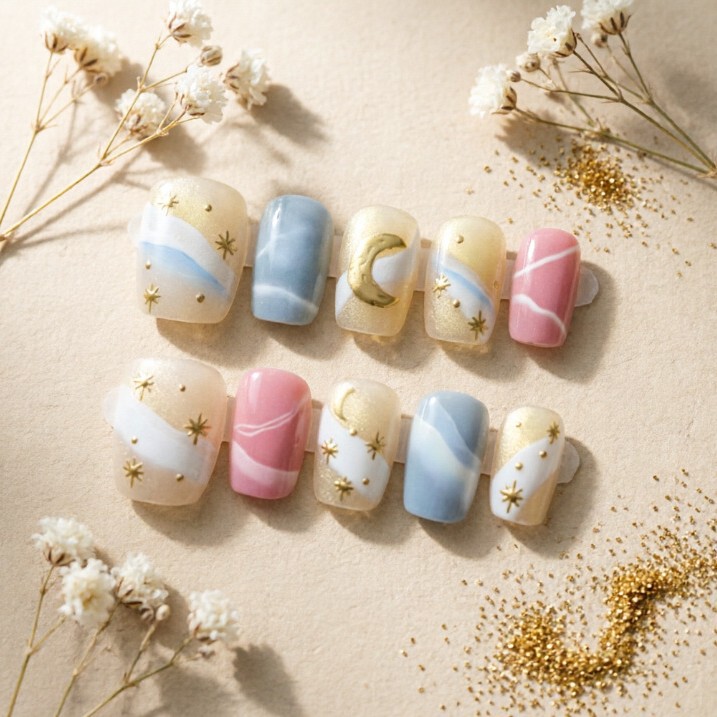 Golden Dunhuang Series Light Luxury Almond Moon Star Short Style Wearable Nails with a Gold-Plated Elegant and Graceful Nail Art Design