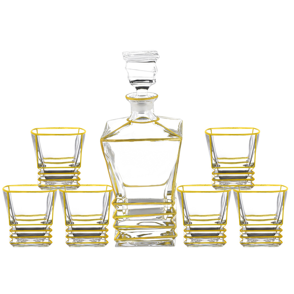 北欧描金威士忌醒酒器套装 轻奢古典玻璃酒具套装 酒樽套装7件套