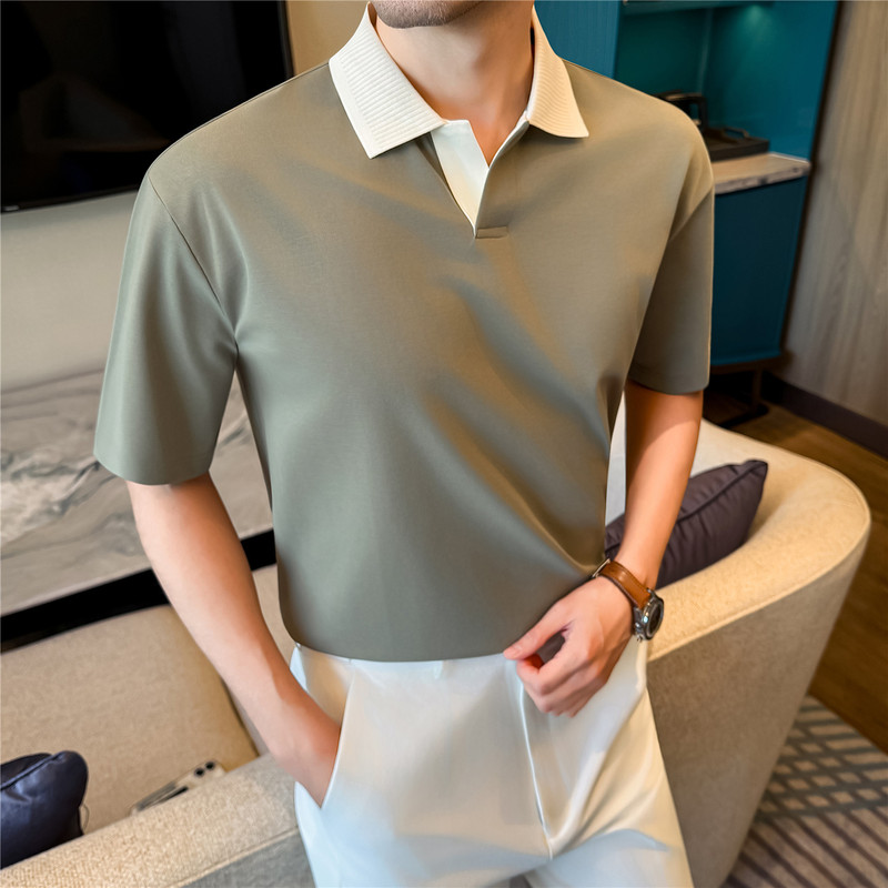 2026 Color-Blocked V-Neck Drop-Shoulder Short-Sleeved Polo Shirt with Collar, Business Casual Loose-Fitting T-Shirt for Men, Short-Sleeved