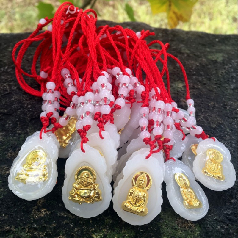 新品仿白玉金镶玉吊坠项链男女款观音佛挂脖红绳挂件商务礼品