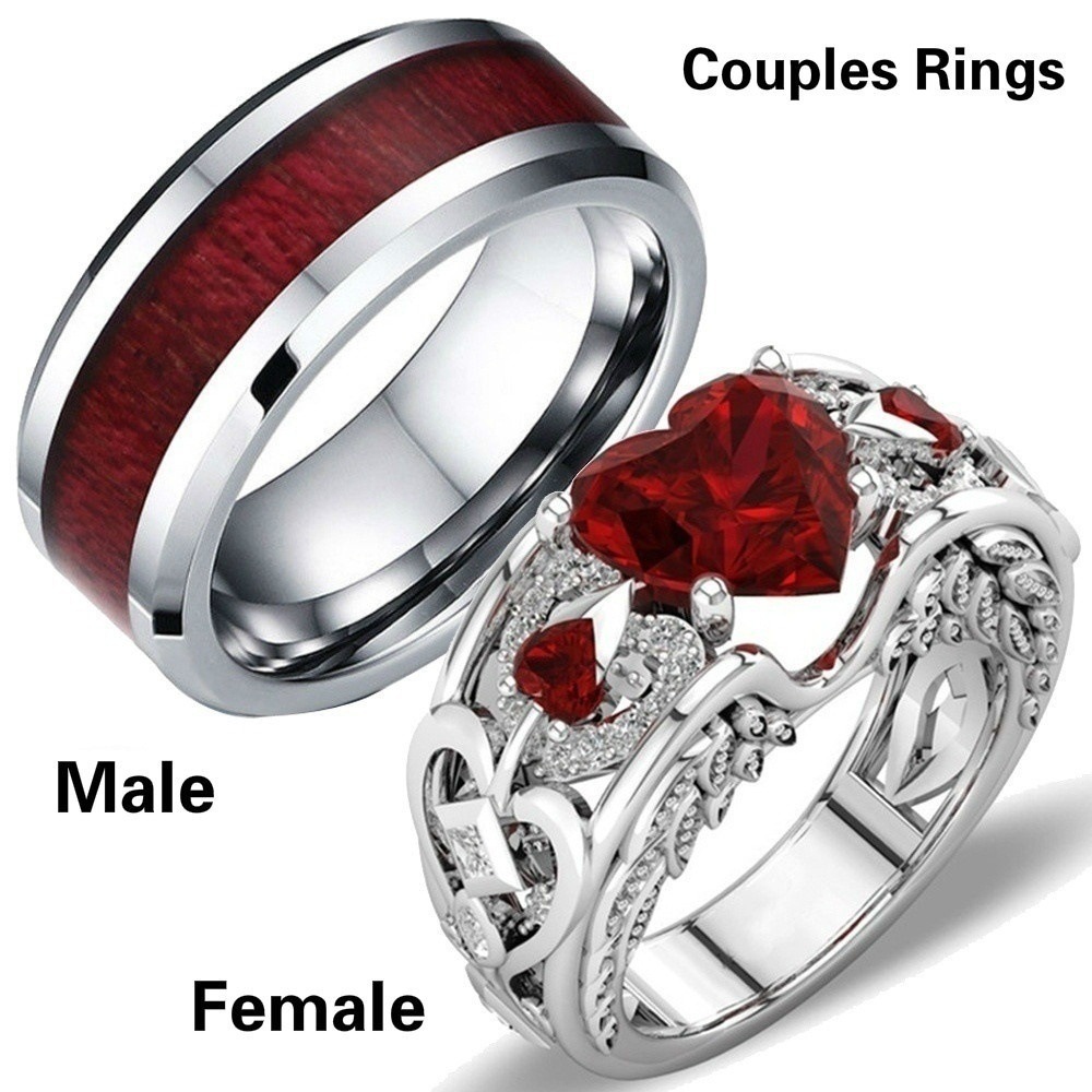 Heart-shaped European and American Engagement Ring Heart-shaped Ruby Ring Wood Grain Ring Unisex Couple's Ring Finger