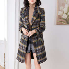 2025秋冬新款格子外套妈妈装中长款高端时尚西装领羊绒呢子大衣女