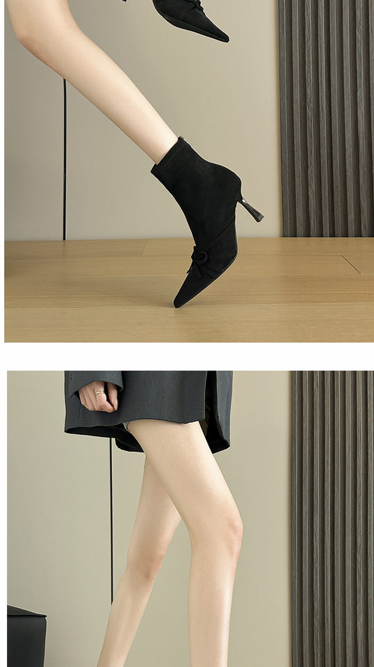 Bốt nữ cổ thấp mũi nhọn ôm chân đính nơ, gót nhọn cao 6–8 cm, chất liệu nhung co giãn — Màu nâu, màu đen chi tiết 13