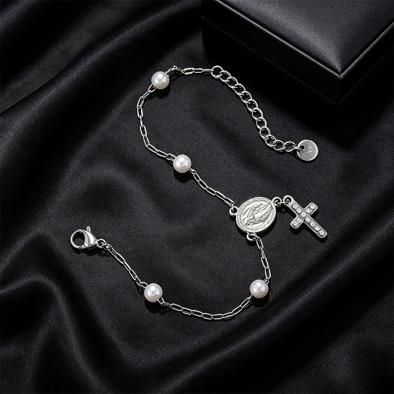 Pulsera de Perlas de Imitación con Dije Redondo de Aleación, Galvanizada, para Mujer