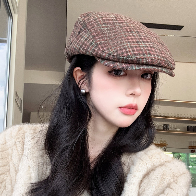 复古格子前进帽女秋冬百搭英伦风反戴毛呢鸭舌帽保暖贝雷画家帽|undefined