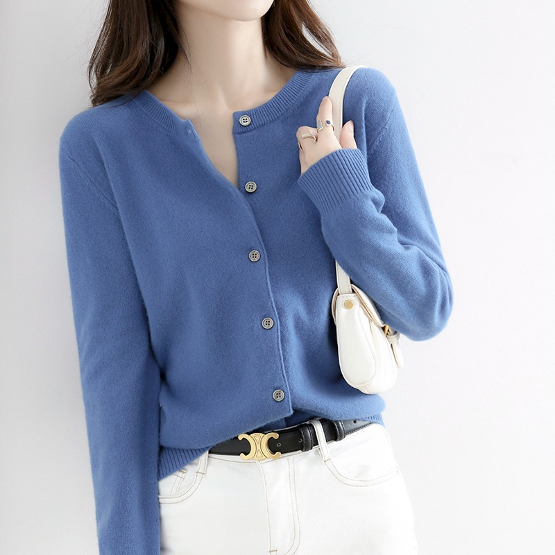 Cardigan 23 color sólido primavera nuevo punto corto de las mujeres cuello redondo Delgado suéter que basa la camisa manga larga más tamaño abrigo
