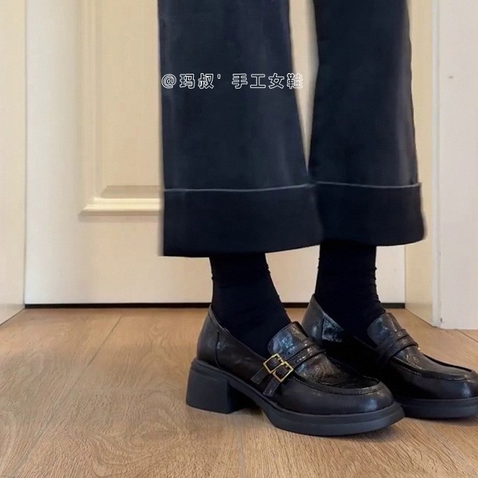 牛皮~厚底乐福鞋女英伦风真皮高跟鞋子一脚蹬粗跟单鞋复古小皮鞋|undefined