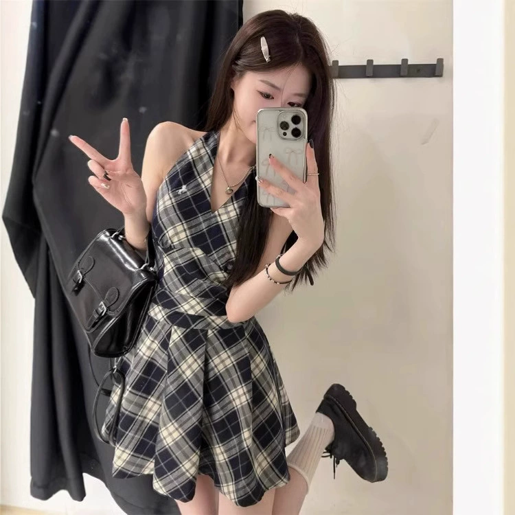 Черно-белое платье в клетку женское летнее ретро в клетку без рукавов с v-образным вырезом юбка маленькая юбка