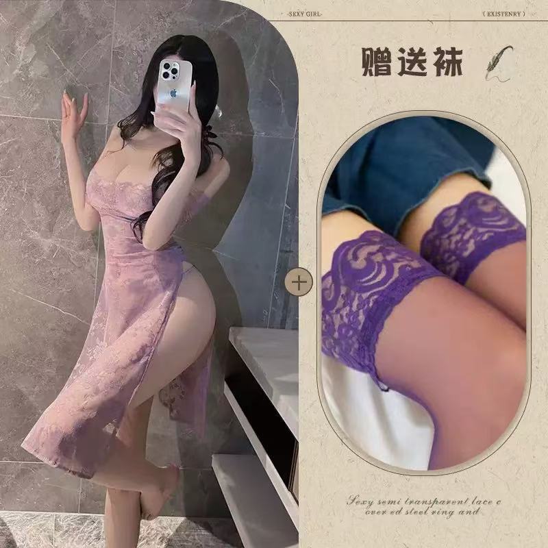 타로 보라색 롱 스커트 + T 바지 + 보라색 스타킹