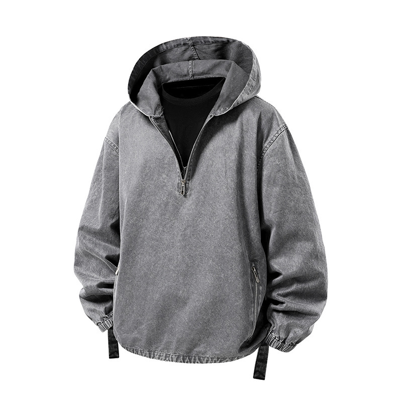 81011 Jacket Cross-Border Exclusive European Size Spring and Autumn American Retro Washed Vintage Hooded Pullover Men's Trendy Brand