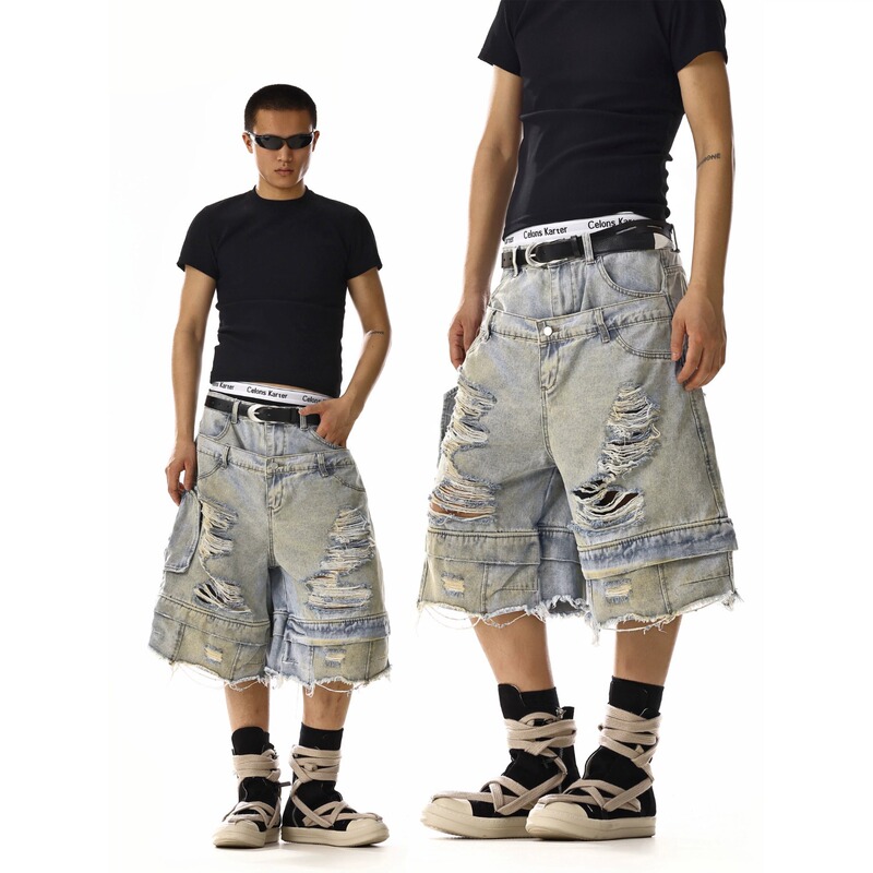 American Retro Washed Heavy-Duty Ripped Denim Cropped Pants for Men and Women, Street Style Design, Niche Loose Wide-Leg Pants American Retro Washed Heavy-Duty Ripped Denim Cropped Pants for Men and Women, Street Style Design, Niche Loose Wide-Leg Pants