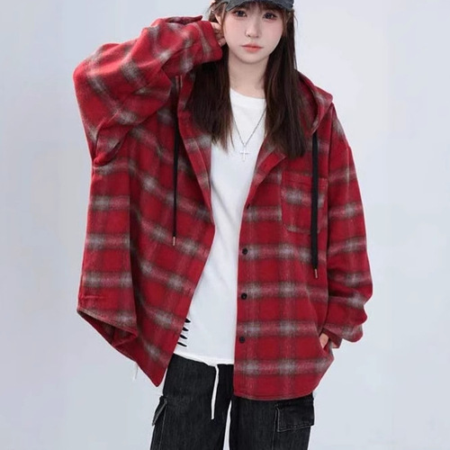 Spring and autumn new style Hong Kong-style plaid hooded shirt coat for men and women's loose and lazy style medium and long casual trend coat