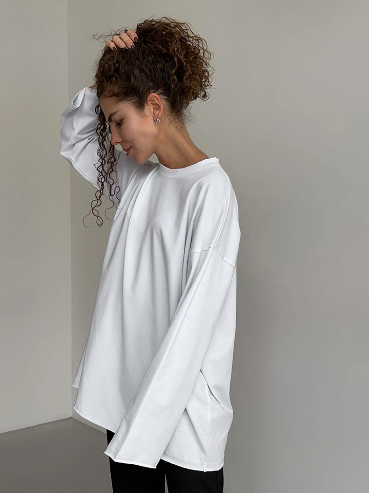 Áo thun nữ cotton 100% cổ tròn tay dài form rộng màu trơn — Màu cà phê, Màu hồng, Màu mơ, Màu trắng chi tiết 4