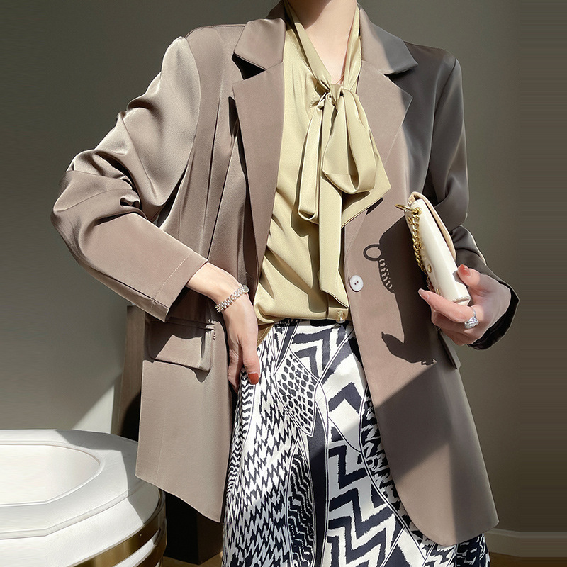 Silk Satin 2025 Spring/Summer Women's New Mid-length Design Suit Collar One-button Suit Jacket