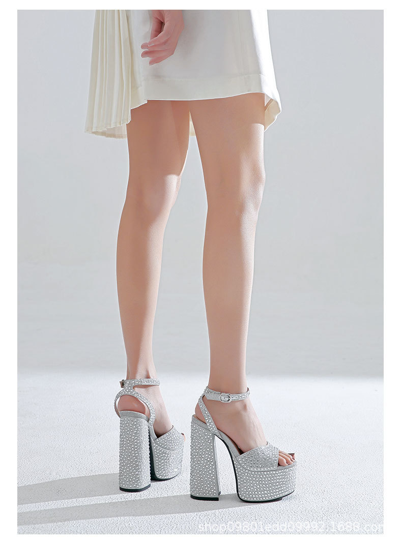 Sandal nữ siêu cao gót da thật đế dày chống trượt đính đá rhinestone gót 15 cm — Rượu sâm banh chi tiết 8