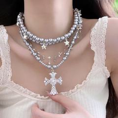 甜酷辣妹珍珠十字架星星多层叠戴项链女小众轻奢高级感个性锁骨链