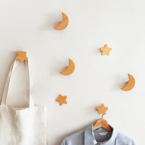 Nordic wooden wall hook beech star moon punch-free coat hook entrance door decorative wall hanging coat hook